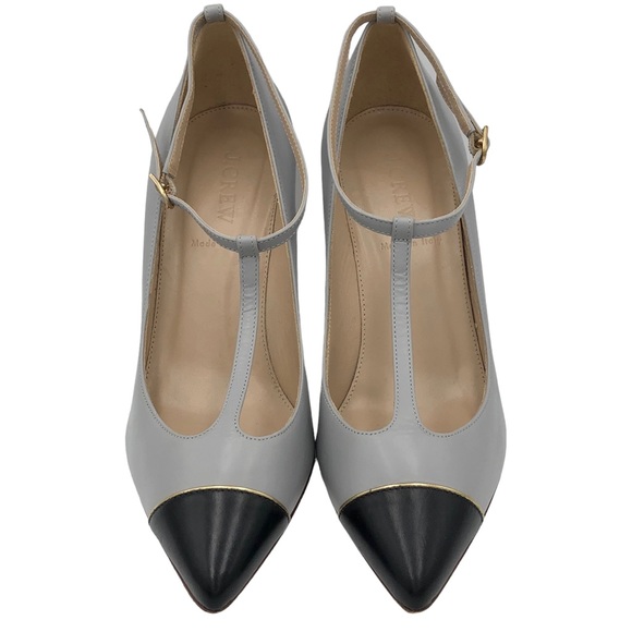J. Crew Made in Italy Everly Cap Toe T-Strap Stiletto High Heels Gray Black 7 - Picture 3 of 9